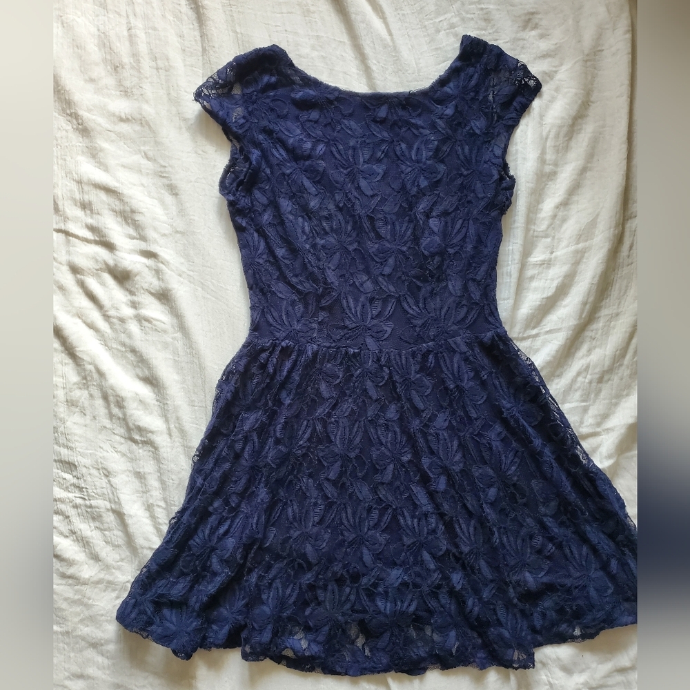 Beautiful Midnight Blue Lace Lined Mini Dress Size M